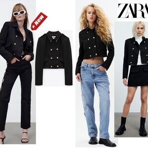 ZARA Women’s Double Breasted Crop Blazer Coat Black Gold Button Sz XXL NWT
